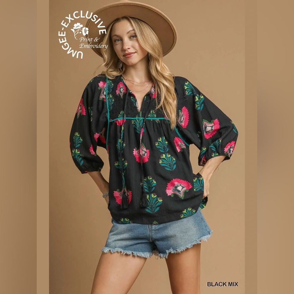 UMGEE SMOCKED BOHO TASSEL TUNIC TOP - SMALL